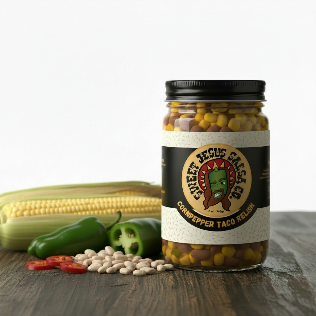 Sweet Jesus Salsa Co. Cornpepper Taco Topper – small-batch corn pepper salsa jar